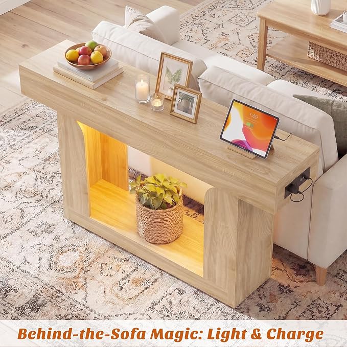 Homieasy Console Table, 47" Entryway Table with LED Lights & Charging Station, Farmhouse Wooden Sofa Table Behind Couch, Narrow Hallway Table for Living Room, Foyer, Entry, Natural Oak