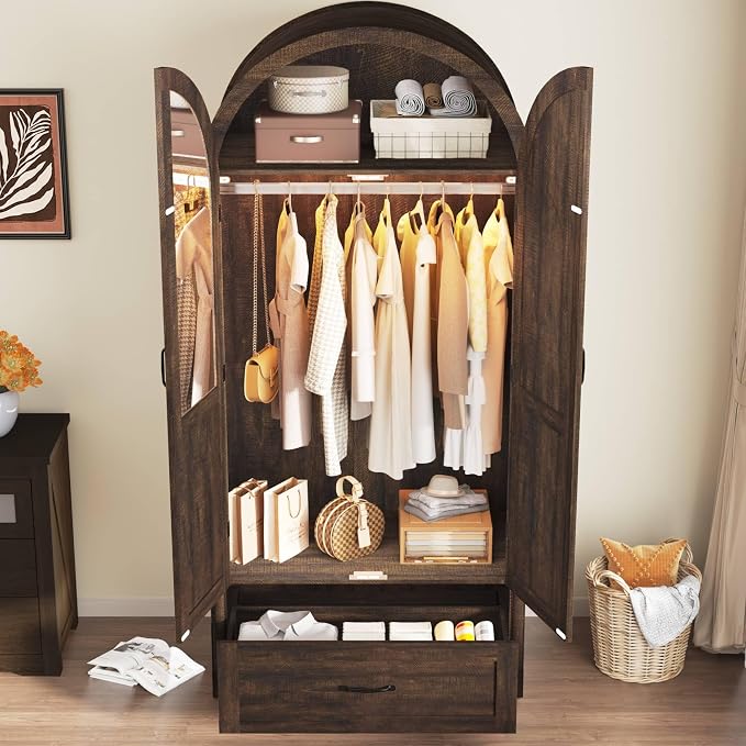 Squireewo 2 Doors Armoire Wardrobe Closet with Doors and Drawers, 71" Farmhouse Arched Wooden Wardrobe Cabinet with Mirror and Lights, Large Armoire Storage Cabinet with Shelves & Hanging Rod,Brown