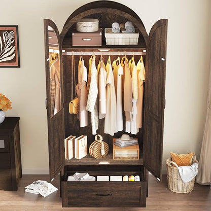 Squireewo 2 Doors Armoire Wardrobe Closet with Doors and Drawers, 71" Farmhouse Arched Wooden Wardrobe Cabinet with Mirror and Lights, Large Armoire Storage Cabinet with Shelves & Hanging Rod,Brown