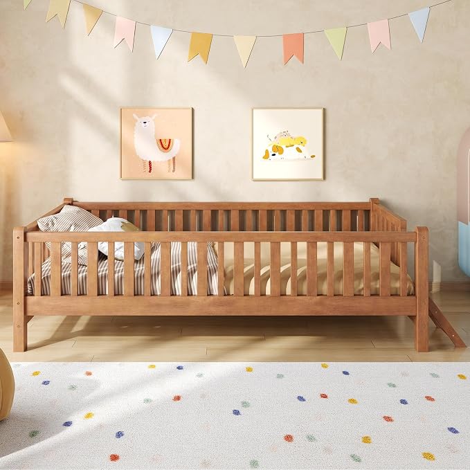 Merax Wood Twin Size Platform Bed with Guardrail, Kids Bed Frame with Stairs, Walnut