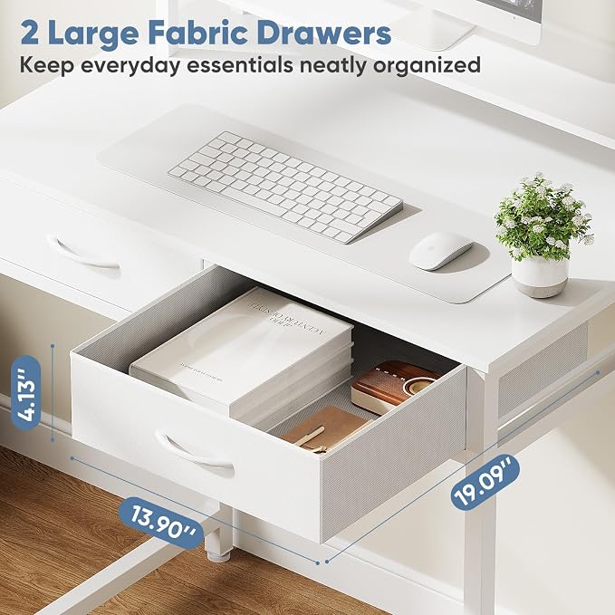 DUMOS 31 Inch Computer Desk with Monitor Stand and 2 Drawers, Small Writing Desk for Home Office with Headphone Hook, Compact Study Table for Bedroom, White