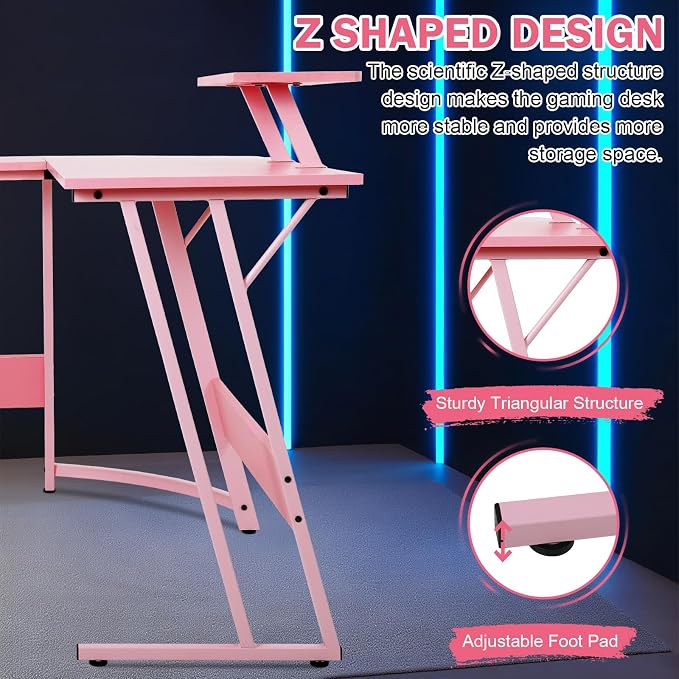 51 Inch L Shaped Gaming Desk Corner Computer Desk with Detachable Monitor Stand for Home Office Learning Gaming Workstation,Pink