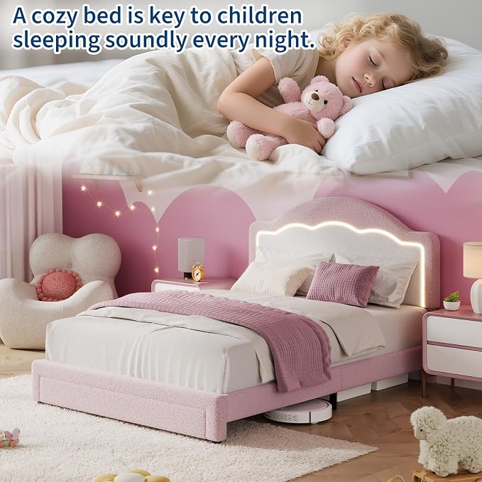 IDEALHOUSE Twin Bed Frame with LED Headboard and Under-Bed Drawer, Boucle Fabric Upholstered Platform Bed with LED Light for Kids, Girls, Wooden Slats Support, No Box Spring Needed, Pink