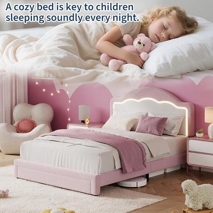 IDEALHOUSE Twin Bed Frame with LED Headboard and Under-Bed Drawer, Boucle Fabric Upholstered Platform Bed with LED Light for Kids, Girls, Wooden Slats Support, No Box Spring Needed, Pink