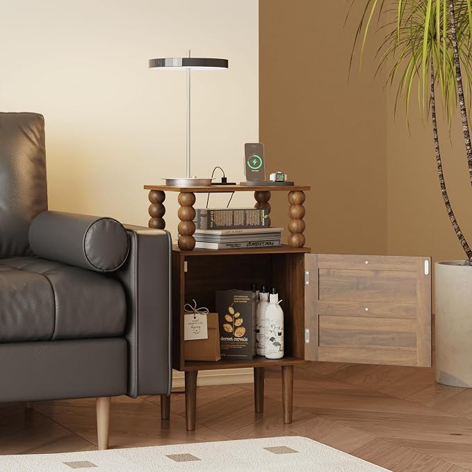 Veegle Nightstand with Charging Station,Modern Bedside Table with Storage Drawer and Open Wood Shelf, for Bedroom and Small Spaces,Night Stand with Solid Wood Legs (Walnut Brown)