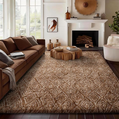 Ophanie 8x10 Brown and White Diamond Striped Rugs for Living Room,Large Fluffy Shag Fuzzy Plush Soft Carpets,Shaggy Rug for Bedroom,Carpet for Kids Boys Girls Dorm Decor with Over 99 pcs Pile fibers