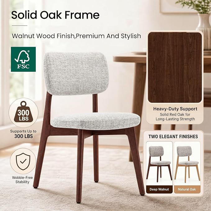 COLAMY Dining Chairs Set of 6, Modern Upholstered Kitchen Room Chairs with Solid Red Oak Wood Legs, 5-Min Easy Assembly Anti-Wobble, High-Weight Fabric Farmhouse Side Chair, 300lbs,Walnut,Beige