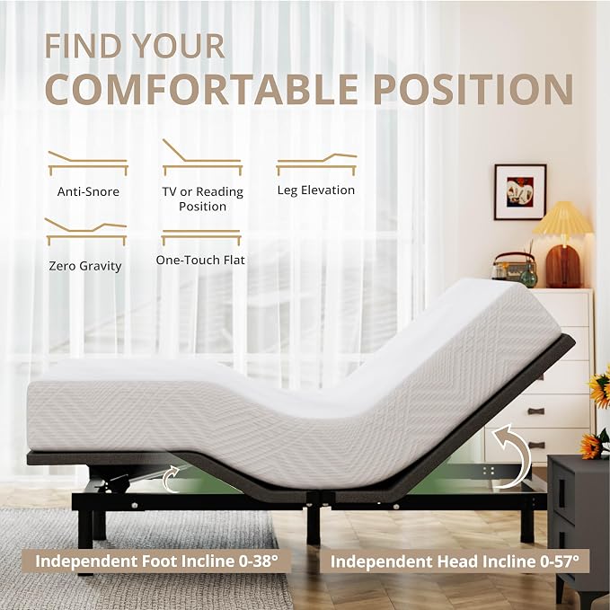 Dyonery Queen Adjustable Bed Base Frame with Wireless Remote + 12 Inch Queen Green Tea Gel Memory Foam Mattress Bed in a Box, Head and Foot Incline, Zero Gravity, Fiberglass Free, 80" × 60"