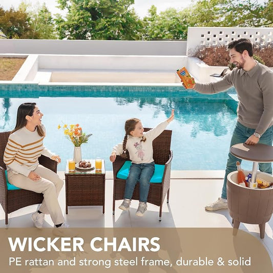 Devoko Patio Porch Furniture Sets 3 Pieces PE Rattan Wicker Chairs with Table Outdoor Garden Furniture Sets (Brown/Blue)