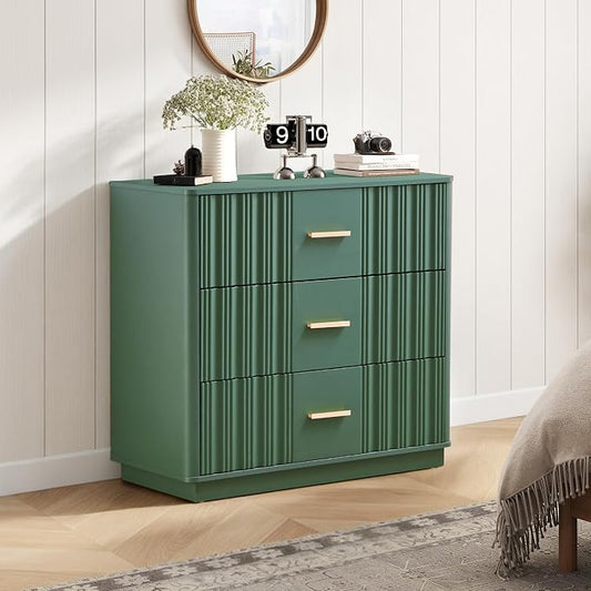 Fluted Dresser for Bedroom with 3 Drawers, 31.5" Wide Modern Chest of Drawers with Curved Profile Design, Wood Closet Clothes Storage Organizer for Living Room, Entryway, Hallway, Green