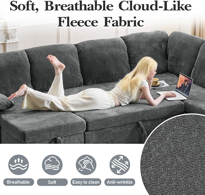 VINGLI 111 Inch U-Shaped Convertible Sofa Bed, 7 Seat Modular Sectional Sleeper Sofa with Pull Out Couch Bed Couches for Living Room with Storage Chaise, USB Charging, Side Pockets