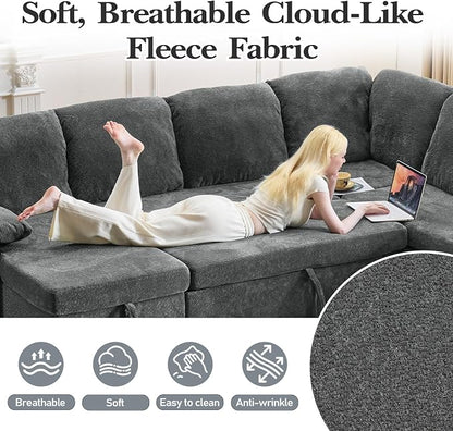 VINGLI 111 Inch U-Shaped Convertible Sofa Bed, 7 Seat Modular Sectional Sleeper Sofa with Pull Out Couch Bed Couches for Living Room with Storage Chaise, USB Charging, Side Pockets
