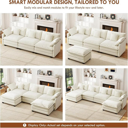 WorthFurni 146” Oversized Modular Sectional Sofa, U Shaped Cloud Couch Set, 4-Seater Comfy Chenille Couches with 2 Movable Ottomans, DIY Combination for Living Room （Beige）