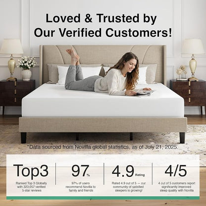 Novilla King Bed Frame, King Bed Frame with Headboard, Linen Upholstered Wing Side Headboard, No Box Spring Needed, Heavy Duty Feet, Easy Assembly, Beige