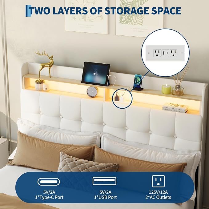 IDEALHOUSE Queen Size Upholstered Bed Frame Fabric with Storage Drawers and LED Lights, Headboard and Frame for Cozy Bedroom Sets Upgrades