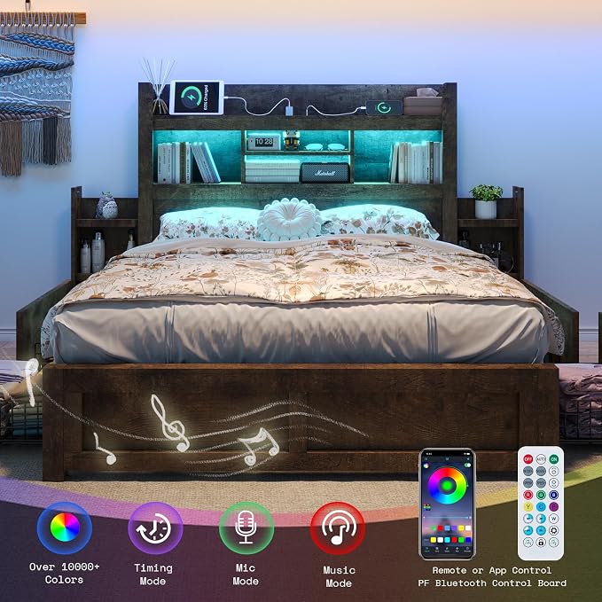 LUXOAK Full Bed Frame with 49.6" Bookcase Headboard & 2 Bedside Stoage Racks & 4 Drawers, Farmhouse Wood Bed Frame with RGB LED & Charging Station, No Box Spring Needed, Rustic Brown