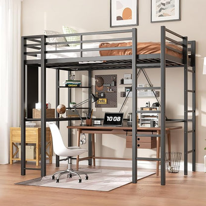 Shintenchi Loft Bed Full Size with Desk and Storage Shelves, Frame with 2 Side Ladders for Kids, Teens Adults, Spcace-Saving Noise-Free and Anti-tilt Design, Black