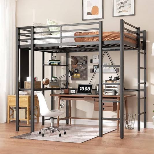 Shintenchi Loft Bed Full Size with Desk and Storage Shelves, Frame with 2 Side Ladders for Kids, Teens Adults, Spcace-Saving Noise-Free and Anti-tilt Design, Black