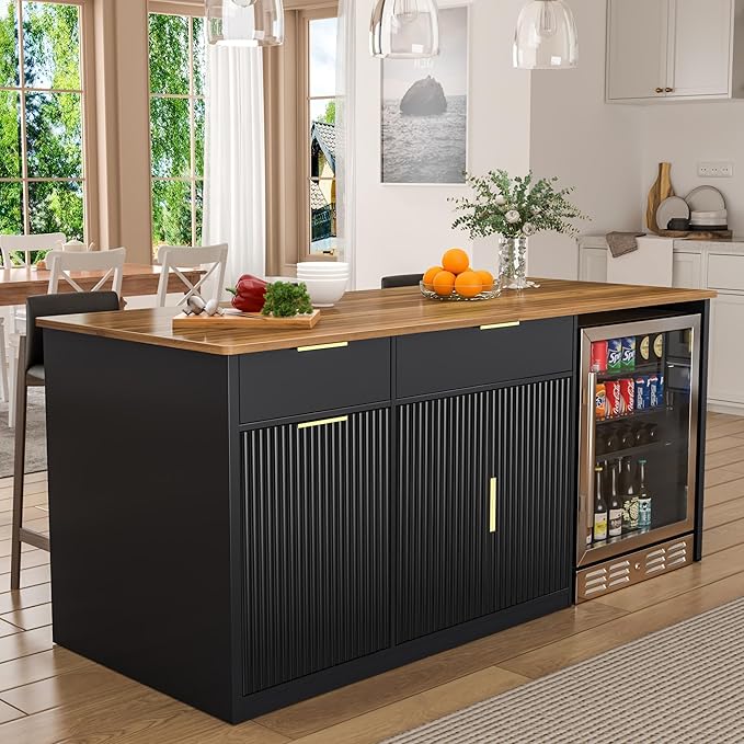 GDLF 75.6" W Large Kitchen Island with Storage and Fridge Space, Modern Kitchen Bar Island Table with Drawers and Trash Bin Space