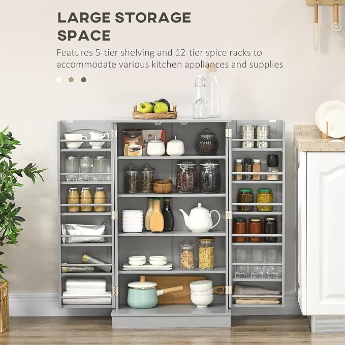 HOMCOM 41" Kitchen Pantry Storage Cabinet, Freestanding Kitchen Cabinet with 12 Door Shelves, Double Doors, 5-Tier Shelving and Adjustable Shelves, Gray