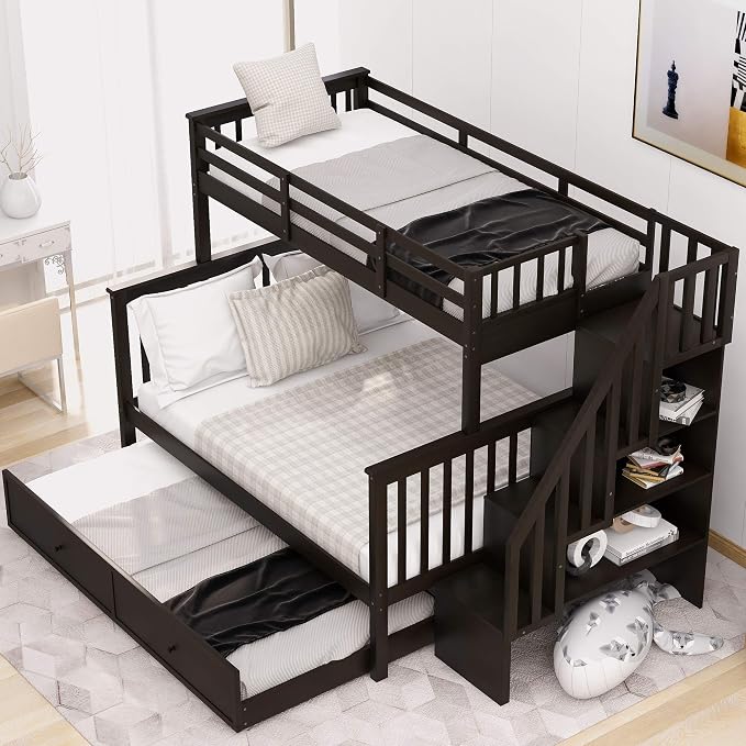 MERITLINE Twin Over Full Bunk Bed with Trundle, Storage Staircase,Solid Wood Bunk Bed with Stairs Box and Guardrail, No Spring Box Needed (Espresso &Trundle,Twin Over Full)
