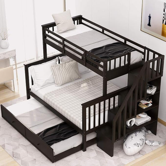 MERITLINE Twin Over Full Bunk Bed with Trundle, Storage Staircase,Solid Wood Bunk Bed with Stairs Box and Guardrail, No Spring Box Needed (Espresso &Trundle,Twin Over Full)