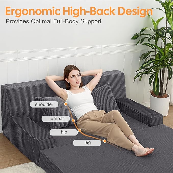 MeMoreCool Folding Futon Couch Queen – Boneless Corduroy Sofa Bed, Convertible Foam Floor Lounger with Pillow & Washable Cover, Foldable Sleeper for Living Room, Bedroom, Guest Space