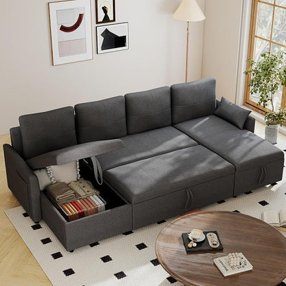 L Shaped Sleeper Sofa Bed with Storage: 106" Grey L Shaped Couch with Pull Out Bed, Queen Size Corner Sectional Couch with Storage Chaise, Convertible Sofa Beds Space Saving | Linen