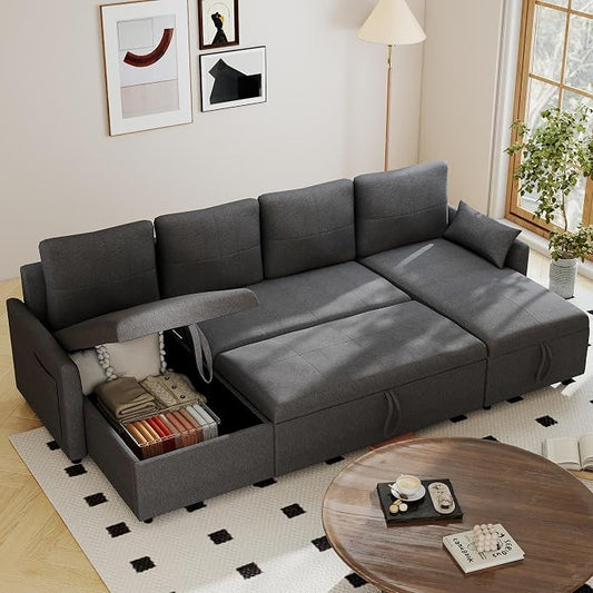 L Shaped Sleeper Sofa Bed with Storage: 106" Grey L Shaped Couch with Pull Out Bed, Queen Size Corner Sectional Couch with Storage Chaise, Convertible Sofa Beds Space Saving | Linen