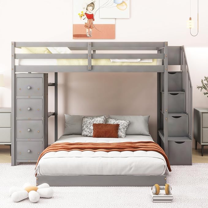 Ball & Cast Twin Over Full Bunk Bed with Safty Guardrail & Storage Stairs,Wood Bedframe W/ 3-Layer Shelves & Drawers,Easy Assembly,Space Saving,Compact Bedroom Furniture Set for Boy Girl Teens,Gray