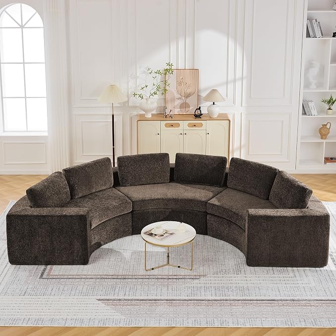 WUTUTUEE 139'' Curved Round Boneless Couch, Oversized Cloud Sofa with Deep Seat & Arms, Chenille Modular Sectional Sofa with Pillows, Upholstered Comfy 6 Seat Couch for Living Room, Brown