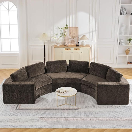 WUTUTUEE 139'' Curved Round Boneless Couch, Oversized Cloud Sofa with Deep Seat & Arms, Chenille Modular Sectional Sofa with Pillows, Upholstered Comfy 6 Seat Couch for Living Room, Brown