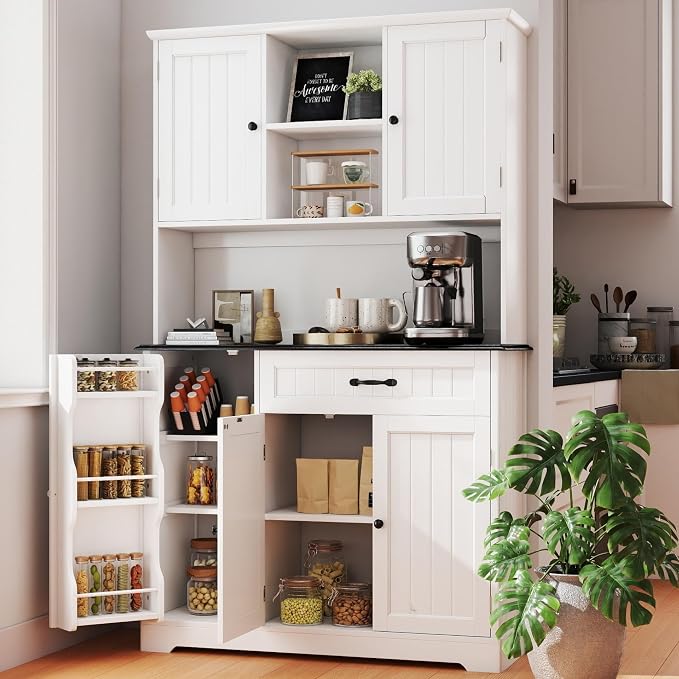 Gizoon Kitchen Pantry Cabinet with Microwave Shelf Tall Coffee Bar Cabinet with Doors and Shelves Farmhouse Kitchen Hutch with Storage for Dining Room and Craft Room, Painted White and Black