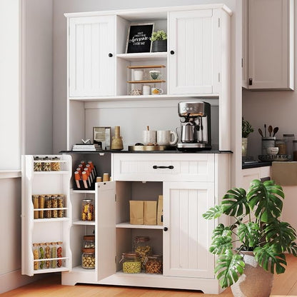 Gizoon Kitchen Pantry Cabinet with Microwave Shelf Tall Coffee Bar Cabinet with Doors and Shelves Farmhouse Kitchen Hutch with Storage for Dining Room and Craft Room, Painted White and Black