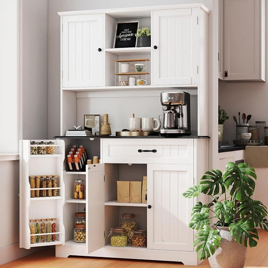 Gizoon Kitchen Pantry Cabinet with Microwave Shelf Tall Coffee Bar Cabinet with Doors and Shelves Farmhouse Kitchen Hutch with Storage for Dining Room and Craft Room, Painted White and Black