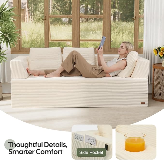COMAX Futon Sofa Bed, Convertible Sofa Bed, Folding Boneless Couches | Boneless Couch for living room, Fold Out Small Foldable Loveseat Floor Sleeper Mattress Lounge Space‑Saving, Queen 79"