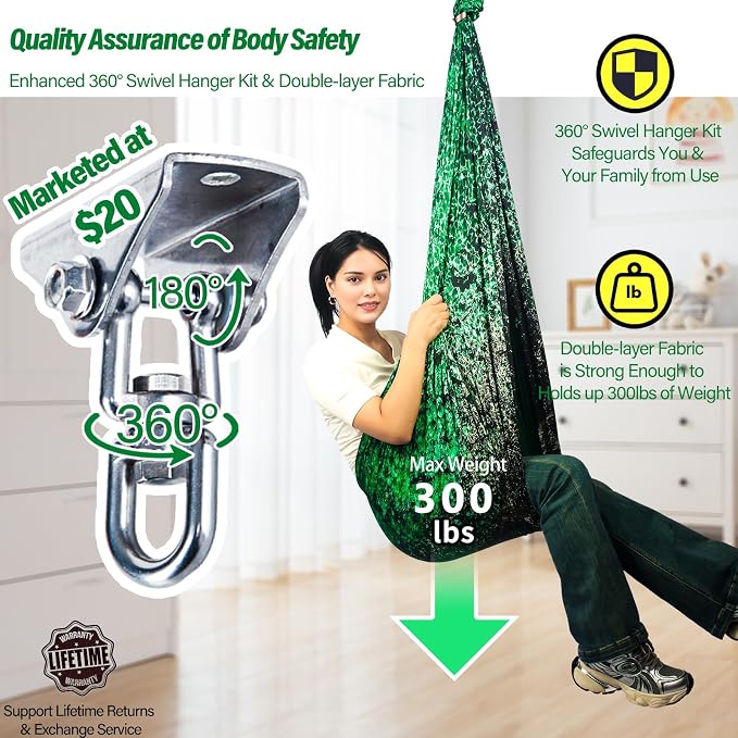 Sensory Swing for Kids & Adults Holds up to 300lbs Indoor & Outdoor Double Layer Therapy Cuddle Swing with 360° Swivel Hanger Kit for Calming, Effect for Autism, ADHD or SPD. (Crystal Green)