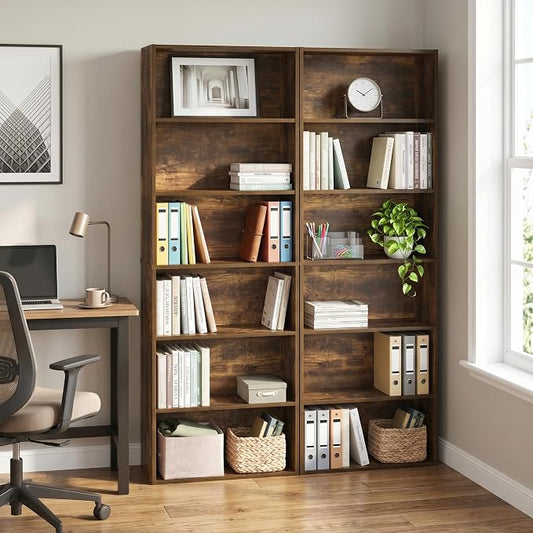 Furinno Jaya Book Shelf Set of 2, 6-Tier Bookshelf, Bookcase, 9.5 x 24.6 x 71, for Home Office, Living Room, Amber Pine