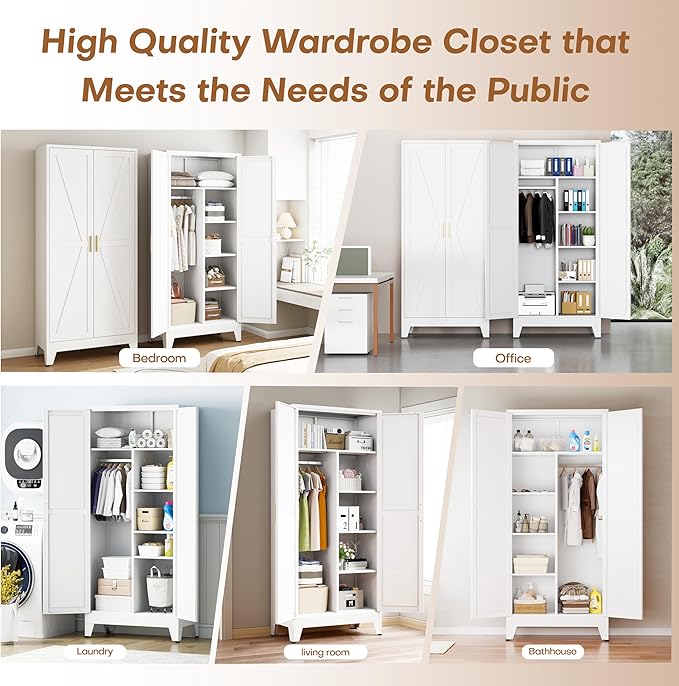 Metal Wardrobe Closet with Doors, 71" H Armoire Wardrobe Closet with 3 Adjustable Shelves and Hanging Rod, Steel Clothing Storage Cabinet for Bedroom, Home, Employee, Gym, Office, White