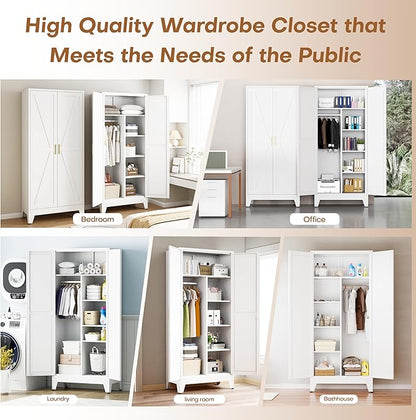 Metal Wardrobe Closet with Doors, 71" H Armoire Wardrobe Closet with 3 Adjustable Shelves and Hanging Rod, Steel Clothing Storage Cabinet for Bedroom, Home, Employee, Gym, Office, White