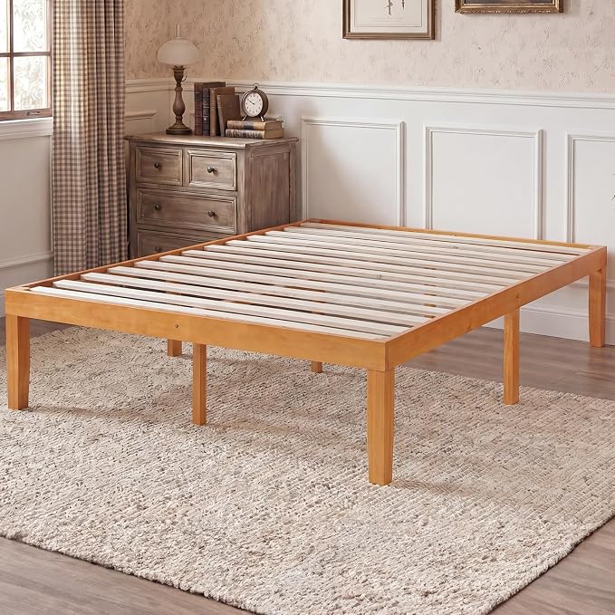 Sweetcrispy Full Size Bed Frame 16 inch Heavy Duty Platform Bedframe, 1000 lbs Capacity, Underbed Storage, No Box Spring Needed, Wooden Slats, Easy Assembly with Velcro, Honey Finish