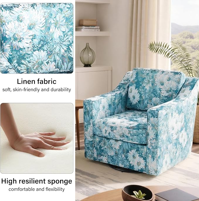 Swivel Accent Chair, Modern Round Barrel Arm Chair for Living Room, Bedroom, Comfy Club Reading Chairs for Adults (Cyan Blooms, Set of 2)
