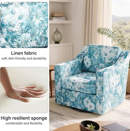 Swivel Accent Chair, Modern Round Barrel Arm Chair for Living Room, Bedroom, Comfy Club Reading Chairs for Adults (Cyan Blooms, Set of 2)