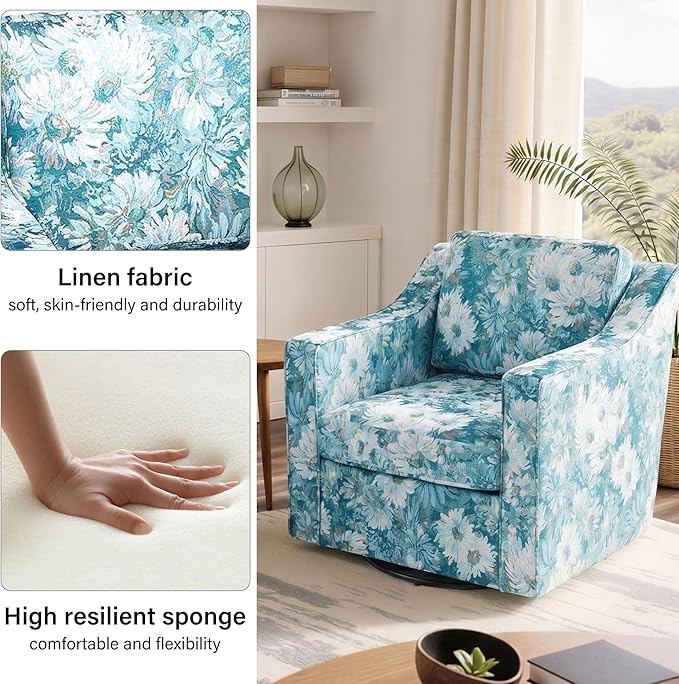 Swivel Accent Chair, Modern Round Barrel Arm Chair for Living Room, Bedroom, Comfy Club Reading Chairs for Adults (Cyan Blooms, Set of 1)