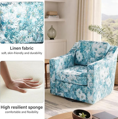 Swivel Accent Chair, Modern Round Barrel Arm Chair for Living Room, Bedroom, Comfy Club Reading Chairs for Adults (Cyan Blooms, Set of 1)