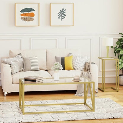 HOOBRO Glass Coffee Table, Gold Coffee Tables for Living Room, Gold Glass Coffee Table,1 Layer Center Table, Modern, for Apartment, Office, 39.4 x 19.7 x 17.7 Inches, Easy Assembly, Golden GD04KF01