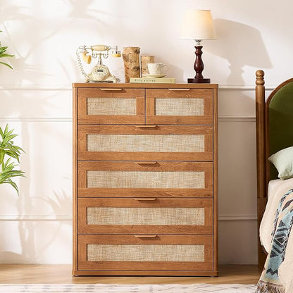 LEYAOYAO Rattan Dresser for Bedroom, 41" Tall Chest of Drawers, Modern 6 Drawers Boho Dressers with Storage, Vintage Brown Dresser Wooden Closet Organizer for Living Room, Hallway