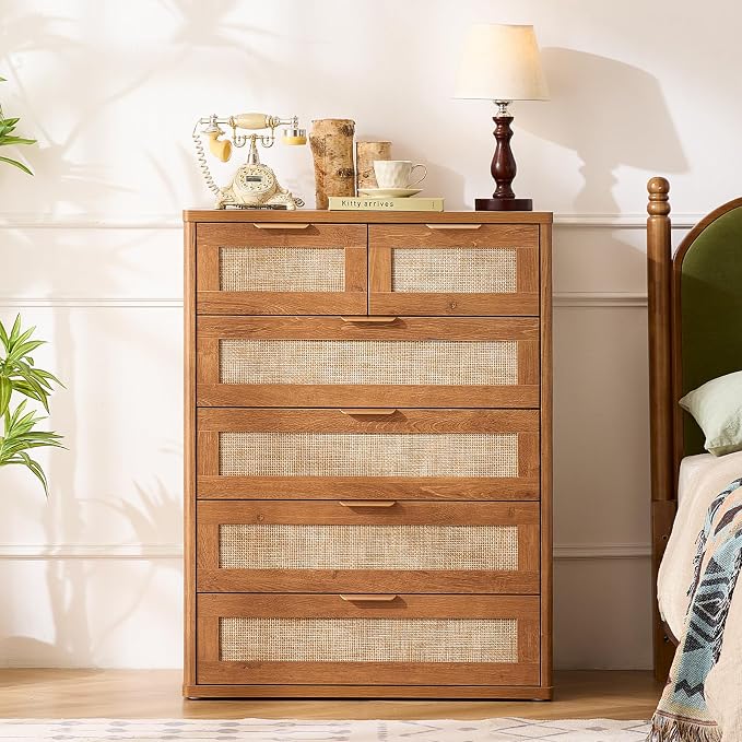 LEYAOYAO Rattan Dresser for Bedroom Set of 2, 41" Tall Chest of Drawers, Modern 6 Drawers Boho Dressers with Storage, Vintage Brown Dresser Wooden Closet Organizer for Living Room, Hallway