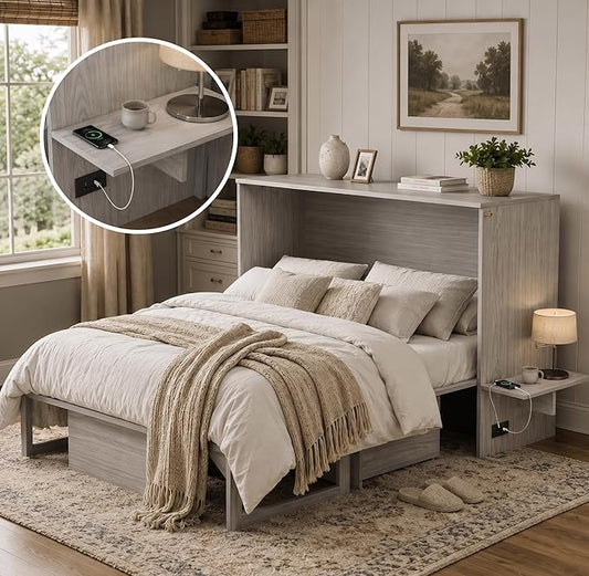 Softa Full Murphy Bed Cabinet with 6" Tri-Fold Mattress, Storage Drawer & Charging Station, 1200 Lb Heavy Duty Wood Wall Bed with Fold-Down Desk for Guest Room & Home Office, No Box Spring Needed
