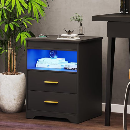 Nightstand Set of 2, Charging Bedside Table with USB & Type-C Port, LED Nightstand with Human Sensor Light, Modern End Table with Gun Drawers for Bedroom Office, Black